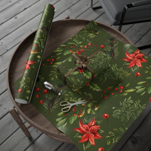 クリスマスホリデーズベリーグリーンリーボタニカル ラッピングペーパー