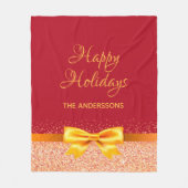 クリスマスホリデーズリボンバラ金ゴールド赤 フリースブランケット (正面)