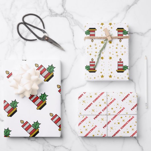 クリスマスホリデーズ金ゴールドスターキャンドルグリッターラップ ラッピングペーパーシート (正面)