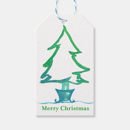 クリスマスホリデーツリーウォーターカラー ギフトタグ (正面)