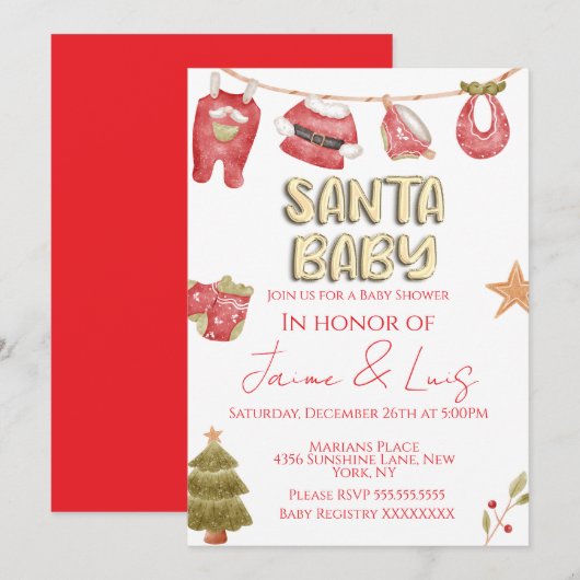 クリスマスホリデーツリーサンタ少年ベイビーシャワー 招待状 (正面/裏面)