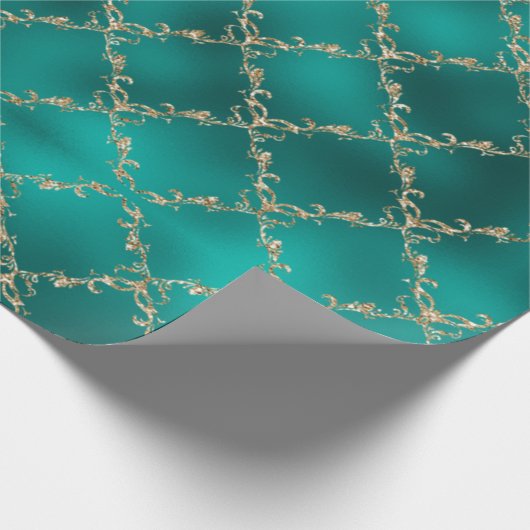 クリスマスホリデーティール(緑がかった色)金ゴールドグリッターダマスギフト ラッピングペーパー (角)