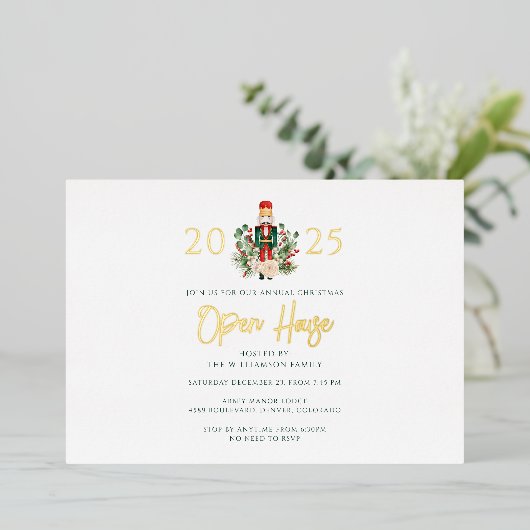 クリスマスホリデーナツクラッカーオープンハウスパーティー金ゴールド 箔招待状 (立ち正面)