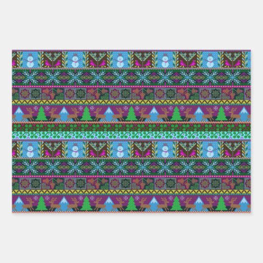 クリスマスホリデーニットのセーターパターントナカイ ラッピングペーパーシート (正面3)