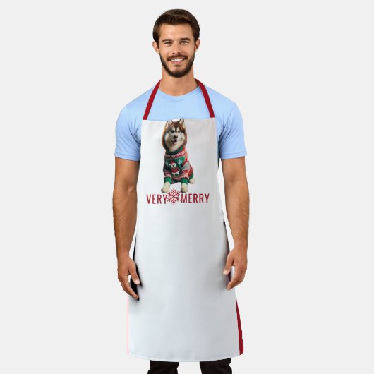 クリスマスホリデーハスキーオールオーバープリントエプロン エプロン (着用した状態)