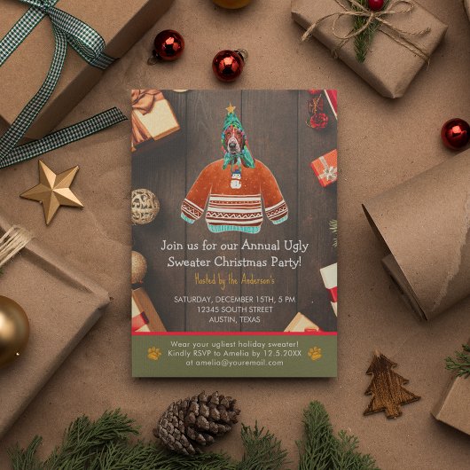 クリスマスホリデーバセットハウンド醜いセーターパーティー 招待状