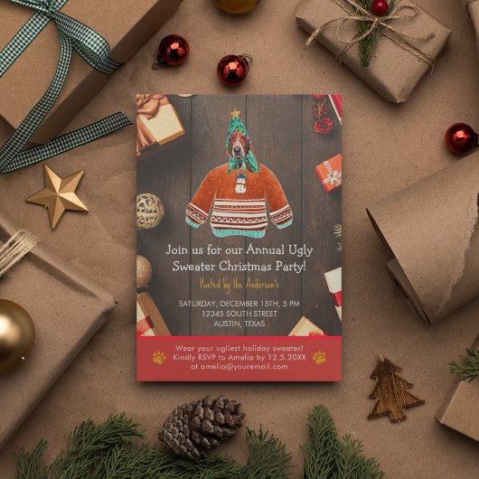 クリスマスホリデーバセットハウンド醜いセーターパーティー 招待状