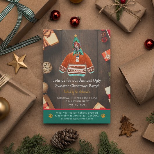 クリスマスホリデーバセットハウンド醜いセーターパーティー 招待状