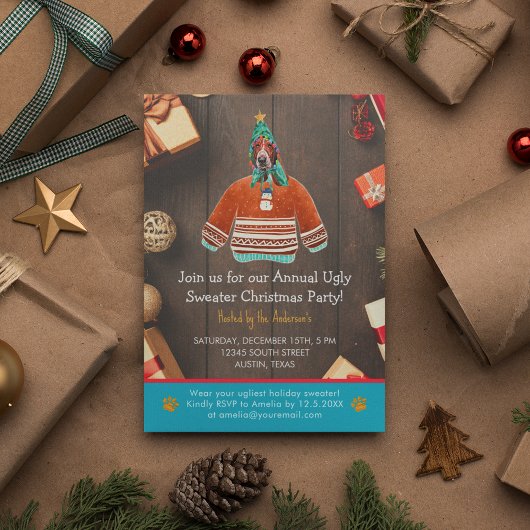 クリスマスホリデーバセットハウンド醜いセーターパーティー 招待状