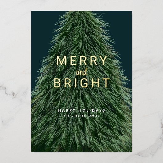 クリスマスホリデーパインツリーとフォトフォイルインビタット 箔招待状 (正面)