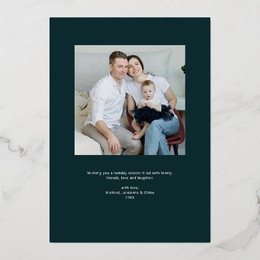 クリスマスホリデーパインツリーとフォトフォイルインビタット 箔招待状 (裏面)