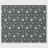 クリスマスホリデーパイン&ベリースパターンネイビーブルー ラッピングペーパー (フラット)