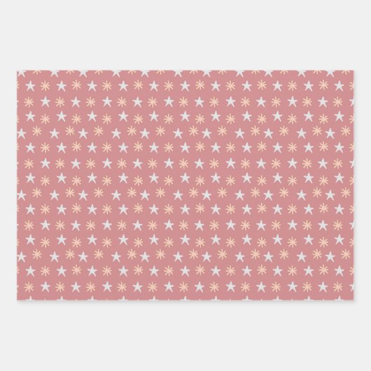 クリスマスホリデーパターンピンクの木と星 ラッピングペーパーシート (正面3)
