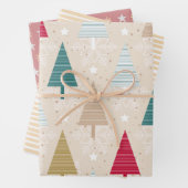 クリスマスホリデーパターンピンクの木と星 ラッピングペーパーシート (インサイチュ)