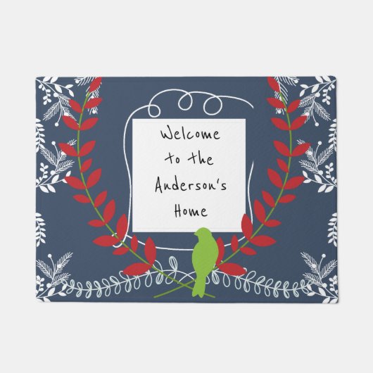 クリスマスホリデーパーソナライズされたバードとつる植物 ドアマット (正面)