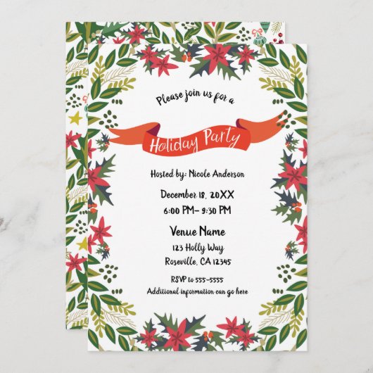 クリスマスホリデーパーティお洒落フローラベリー 招待状 (正面/裏面)