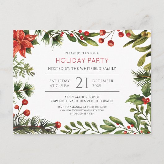 クリスマスホリデーパーティグリーンモダンリーウォーター色 インビテーションポストカード (正面)