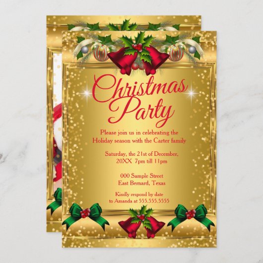 クリスマスホリデーパーティフォト金ゴールドレッド 招待状 (正面/裏面)