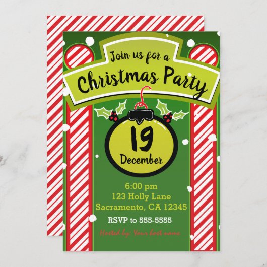 クリスマスホリデーパーティレッドお洒落ペパーミント 招待状 (正面/裏面)