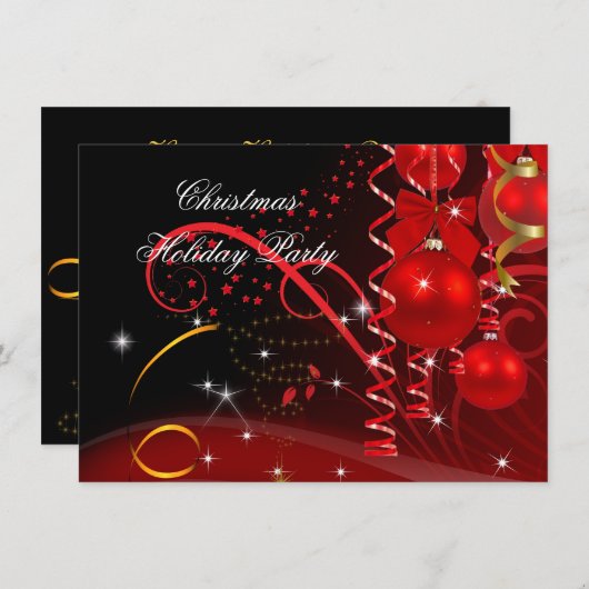 クリスマスホリデーパーティレッドブラック金ゴールドボール 招待状 (正面/裏面)
