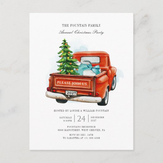 クリスマスホリデーパーティレッドヴィンテージトラック インビテーションポストカード (正面)