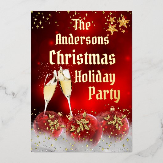 クリスマスホリデーパーティレッド金ゴールドシャンパン 箔シーズンカード (正面)