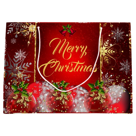 クリスマスホリデーパーティレッド金ゴールドバウブルズホリーInv ラージペーパーバッグ (正面)