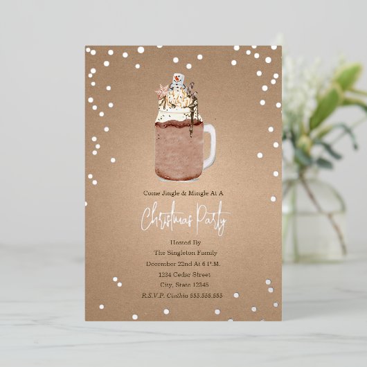 クリスマスホリデーパーティーの乾杯 チョコレートミルクシェイク 箔招待状 (立ち正面)