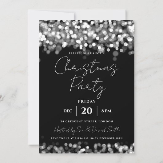 クリスマスホリデーパーティーシルバーきらめくライト 招待状 (正面)