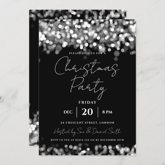 クリスマスホリデーパーティーシルバーきらめくライト 招待状 (正面/裏面)