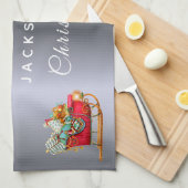 クリスマスホリデーパーティーシルバーグリッターそり キッチンタオル (四つ折り)