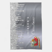 クリスマスホリデーパーティーシルバーグリッターそり キッチンタオル (縦)