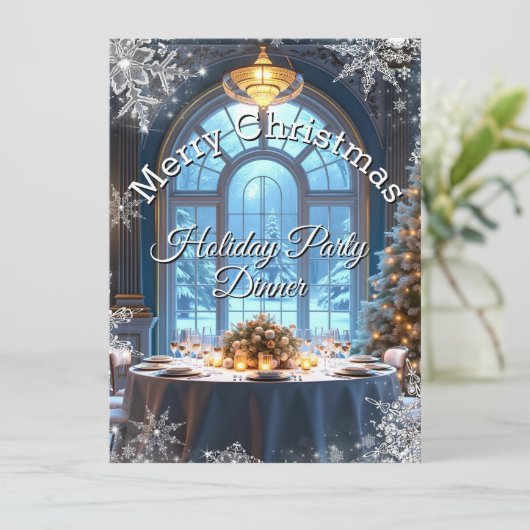 クリスマスホリデーパーティーディナーブルースノーフレークツリー 招待状 (スタンド正面)