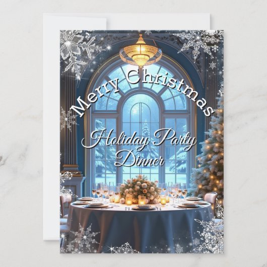 クリスマスホリデーパーティーディナーブルースノーフレークツリー 招待状 (正面)