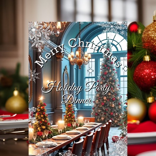 クリスマスホリデーパーティーディナーブルーレッドツリー 招待状