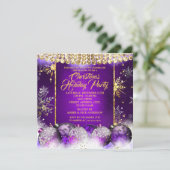 クリスマスホリデーパーティーパープル金ゴールドバウブルスノー 招待状 (スタンド正面)