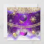 クリスマスホリデーパーティーパープル金ゴールドバウブルスノー 招待状 (裏面)