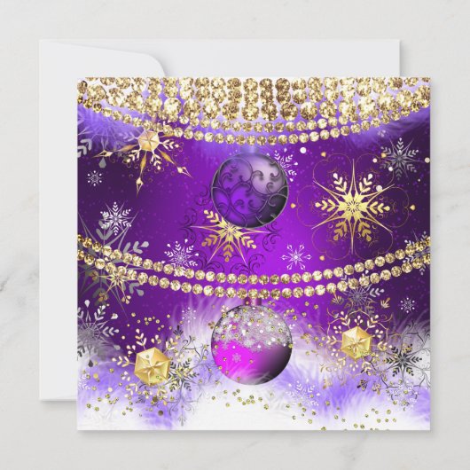 クリスマスホリデーパーティーパープル金ゴールドバウブルスノー 招待状 (裏面)
