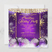 クリスマスホリデーパーティーパープル金ゴールドバウブルスノー 招待状 (正面)