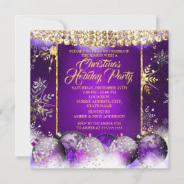クリスマスホリデーパーティーパープル金ゴールドバウブルスノー 招待状