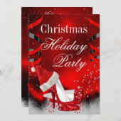 クリスマスホリデーパーティーレッドハイヒールサンタ帽 招待状 (正面/裏面)