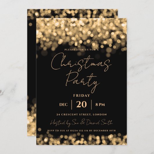 クリスマスホリデーパーティー金ゴールドきらめくライト 招待状 (正面/裏面)