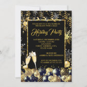 クリスマスホリデーパーティー金ゴールドブラックスノーフレーク 招待状 (正面)