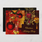 クリスマスホリデーパーティー金ゴールドレッドクリスマスデコレーション 招待状 (正面/裏面)