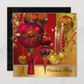 クリスマスホリデーパーティー金ゴールドレッドクリスマスボール 招待状 (正面/裏面)