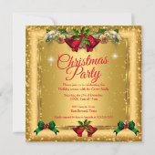 クリスマスホリデーパーティー金ゴールドレッドグリッター写真 招待状 (正面)