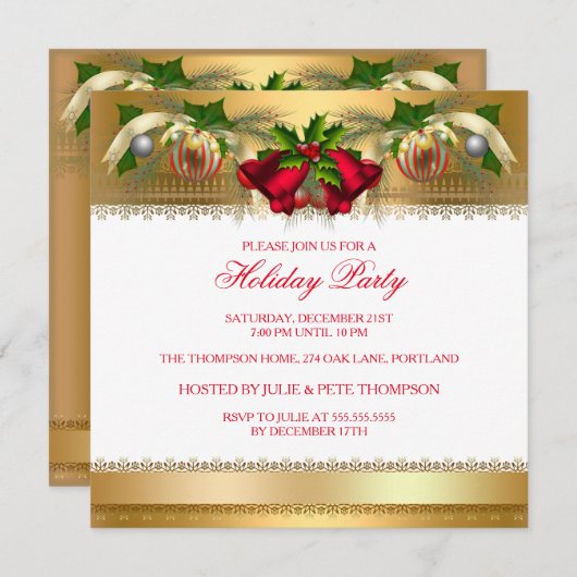 クリスマスホリデーパーティー金ゴールドレッドベルズボーブル 招待状 (正面/裏面)