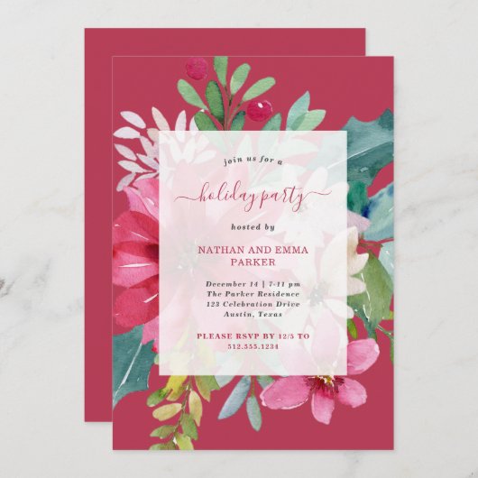 クリスマスホリデーパーティー鮮やかウォーターカラーフローラ 招待状 (正面/裏面)