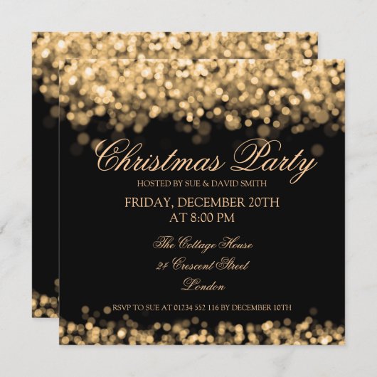 クリスマスホリデーパーティ金ゴールドの輝く光 招待状 (正面/裏面)