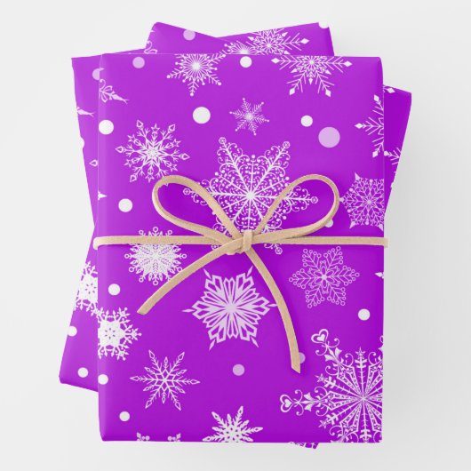 クリスマスホリデーパープルスノーフレーククリスマスパターン ラッピングペーパーシート (インサイチュ)